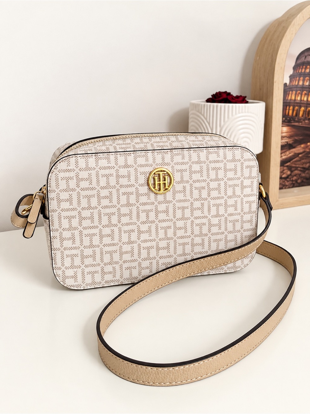 Tommy Hilfiger White Logo Pattern Crossbody with Gold Emblem